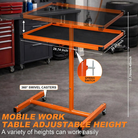Rock Solid Portable Rolling Work Table With Adjustable Telescoping Post 37.7 To 45 Inches shown in garage setting