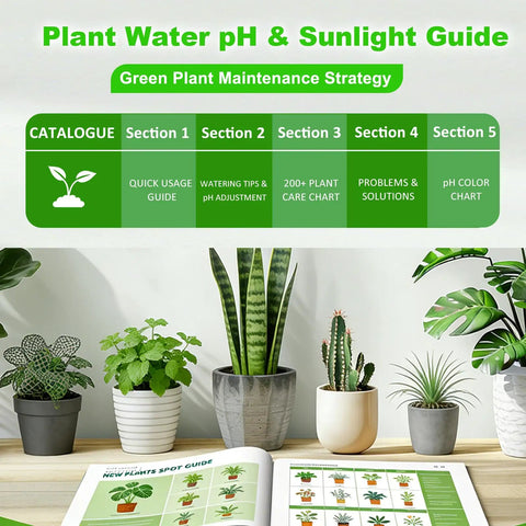 Plant care guide with pH and sunlight instructions, surrounded by potted plants. Includes step-by-step sections.