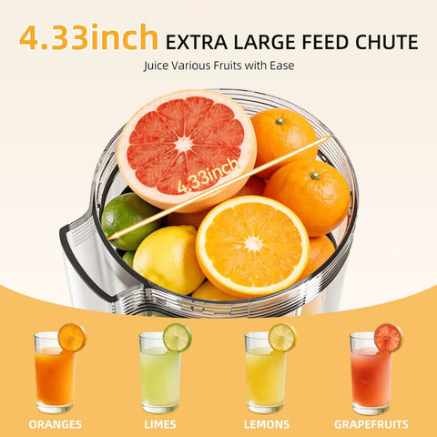 Keerain Automatic Electric Citrus Juicer With Dual Cones, One Touch Easy Operation Machine High Yield For Oranges Lemons Grapefruit Watermelon Compact Countertop Home Kitchen Appliance with fruits in large feed chute.