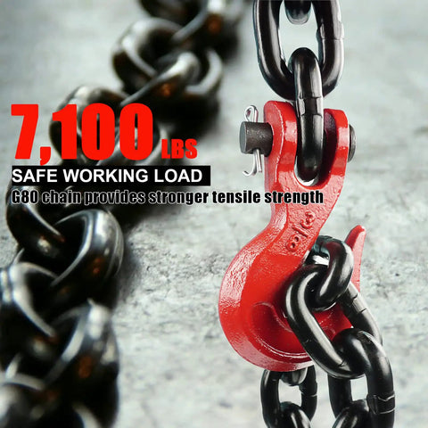 Three Eighths Inch Ten Foot Heavy Duty Binder Chain With Clevis Grab Hooks Grade 80 Transport Chain 7100 Lbs Safe Working Load For Flatbed Trailers Trucks Tie Downs And Reliable Towing