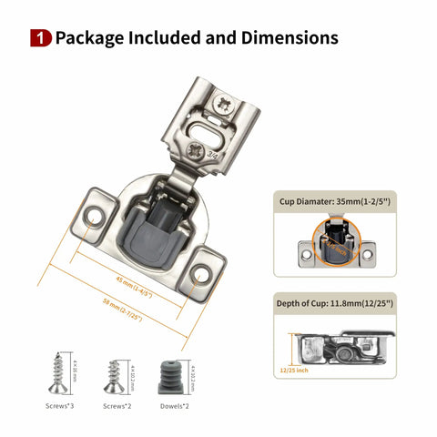 Fifty Pack Three Quarters Inch Overlay Two Dimensional Soft Close Hinges For Face Frame Kitchen Cabinets With Three Way Adjustment And Quiet Self Shut Door Damper 105 Degree Opening, hinge dimensions and included hardware displayed.
