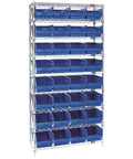 Heavy Duty Wire Shelving System With Nine Adjustable Chrome Shelves And 32 Sturdy Blue Bins, tall chrome rack with blue bins for garage storage.
