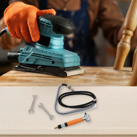 Top Shelf Right Angle Air Die Grinder Pencil Style Tool Pumping A Solid 70000 RPM Free Speed For Quick Deburring Polishing And Easy Brake Pad Cleanup Around The Shop in use with grinding accessories