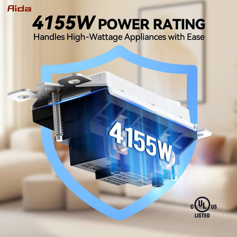 Close-up of a heavy-duty wall switch with 4155W power rating, suitable for high-wattage appliances, on a living room background.