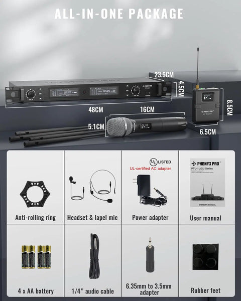 Dual Channel Wireless Microphone System For Stage And Studio, True Diversity UHF Set With complete kit and accessories overview.