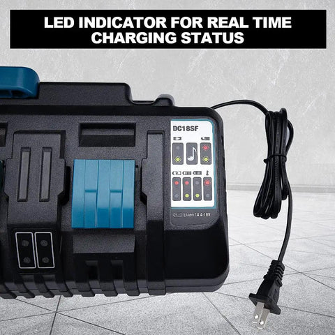 Close-up of 4 Port 12A Battery Charger for 18V Batteries Fast 18V Rapid Charger showing LED indicator and power cord