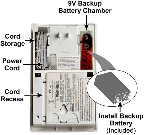 Back view of Plug In Carbon Monoxide Alarm With 9 Volt Battery Backup, highlighting battery chamber and power cord storage.