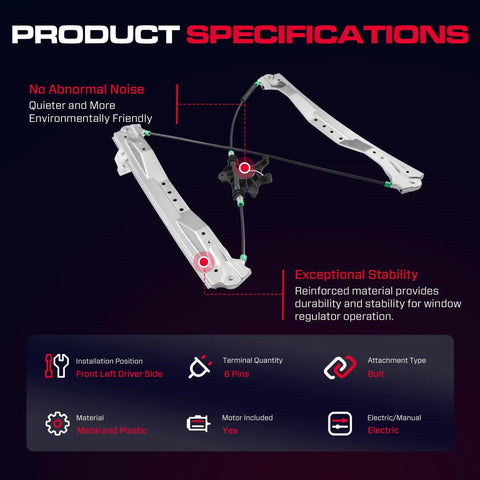 Front Driver Side Power Window Regulator With Motor 6 Pins For 2008-2016 Town And Country, product specifications diagram