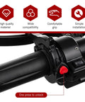 Close-up of the Universal Motorcycle Cruise Control Assist Throttle Booster showing grip and unlock button on handlebars.