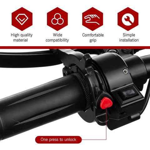 Close-up of the Universal Motorcycle Cruise Control Assist Throttle Booster showing grip and unlock button on handlebars.