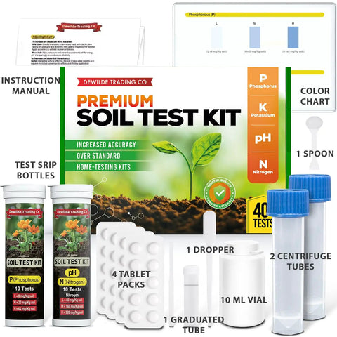 40 Test Soil Kit For Lawns Gardens And Vegetables With Ammonia Nitrogen pH Phosphorus And Potassium Readings, kit components view