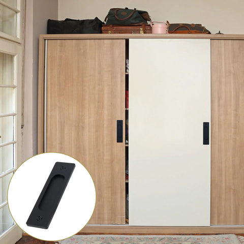 4 Pack Black Recessed Sliding Barn Door Pull Handles installed on a wooden sliding closet door, with inset detail of one matte black handle.