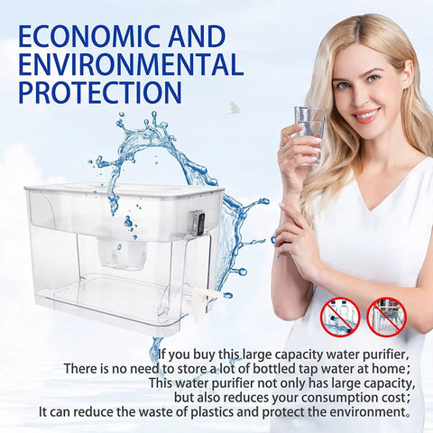 Woman holding glass next to water purifier promoting Standard Water Filter Replacement For Pitchers And Dispensers BPA Free 5 Stage Filtration