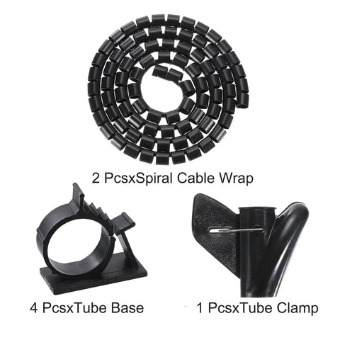 Tube Wrap Cable Kit For Quick Cable Management 2 Pack 1.5M 22mm Flexible PE Sleeve, spiral cable, base, and clamp shown.