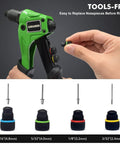 Heavy Duty Pop Rivet Gun Kit With 200 Rivees And Four Drill Bits, tools-free easy nosepiece replacement for versatile riveter use.