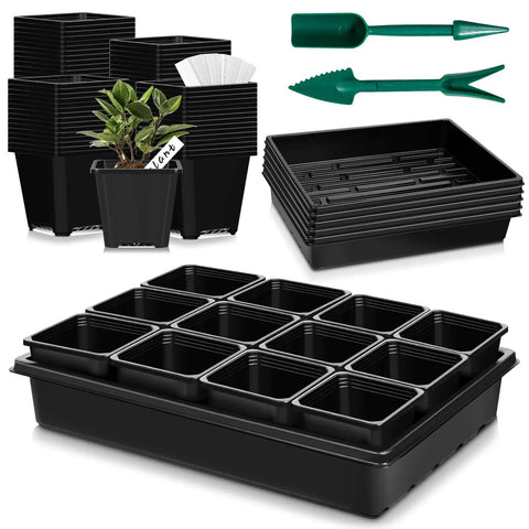 Image of 5 Piece Seed Starter Tray Kit With 60 Square 3.5 Inch Pots, No Drain Holes On Trays, Includes 60 Plant Tags And 2 Mini Gardening Tools