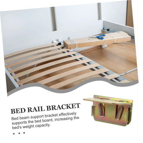 Heavy Duty Bed Rail Fastener Brackets Six Piece Kit With Reinforced Hinge Buckles For Secure Bed Frame Support No Sweat Assembly Rock Solid Stability And Built Tough Durability, showing U-shaped bracket on slatted bed base.
