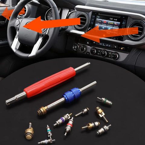 Car AC Repair Kit With 270 O Ring Seals And 40 Valve Core Set Plus Remover Tool pictured in a vehicle interior