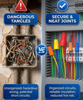 Comparison of disorganized wires and 102-Piece Wire Nuts Assortment Kit With 5 Color-Coded Sizes, Twist-On Wire Connectors for safety