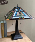 Stained Glass Tiffany Table Lamp 16 Inch Wide With Dope Mission Frank Lloyd Wright Style Desk Light, base on desk, light off.