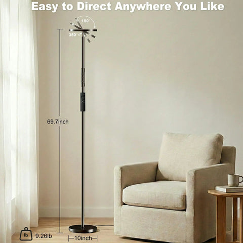Crazy Bright LED Floor Lamp With Stepless Dimming And Remote Control, 69 Inch Torchiere Corner Lamp shown next to an armchair.