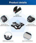Product details of Plug-In Garage LED Lights 2 Pack, 180W 18000 Lumens, showing adjustable panels and aluminum structure.