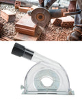 Universal Dust Shroud for 4 to 5 Inch Angle Grinders With Clear Guard and Vacuum Adapter shown on worksite and as product close-up
