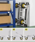 Heavy Duty Platform Truck With 2200 Lbs Capacity Foldable Moving Flatbed Cart stored vertically beside shelving in a garage