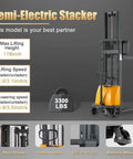 Aequanta Semi Electric Pallet Stacker With 3300 Lbs Capacity And 118 Inch Max Lift Height, detailed features and specifications.