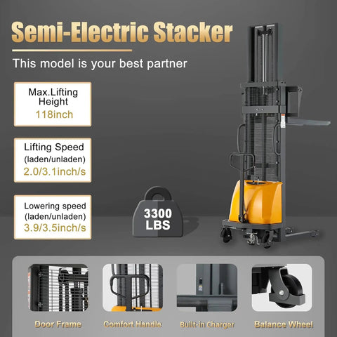 Aequanta Semi Electric Pallet Stacker With 3300 Lbs Capacity And 118 Inch Max Lift Height, detailed features and specifications.