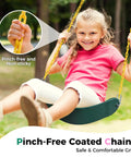 Girl using Two Pack Outdoor Swing Seats With 66 Inch Rust Resistant Heavy Duty Chains For Backyard Playground Replacement Anti Slip EVA Seats Supports Up To 330 Lb For Kids And Adults Green