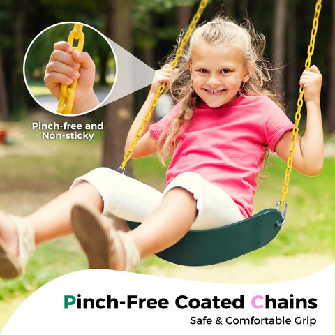 Girl using Two Pack Outdoor Swing Seats With 66 Inch Rust Resistant Heavy Duty Chains For Backyard Playground Replacement Anti Slip EVA Seats Supports Up To 330 Lb For Kids And Adults Green