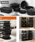 Adjustable 8 Tier Heavy Duty Pots and Pans Organizer for Kitchen Cabinet Storage Black Vertical Cookware Rack showcasing before and after organization.