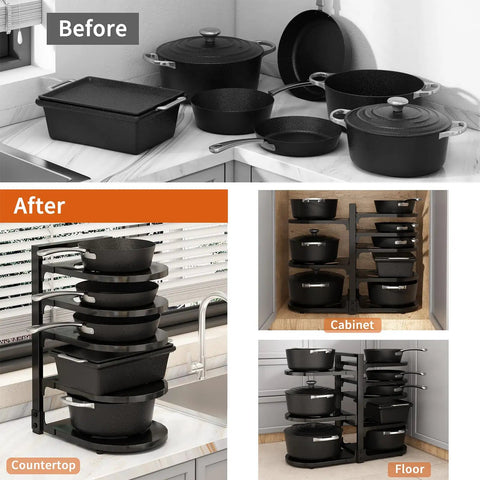 Adjustable 8 Tier Heavy Duty Pots and Pans Organizer for Kitchen Cabinet Storage Black Vertical Cookware Rack showcasing before and after organization.