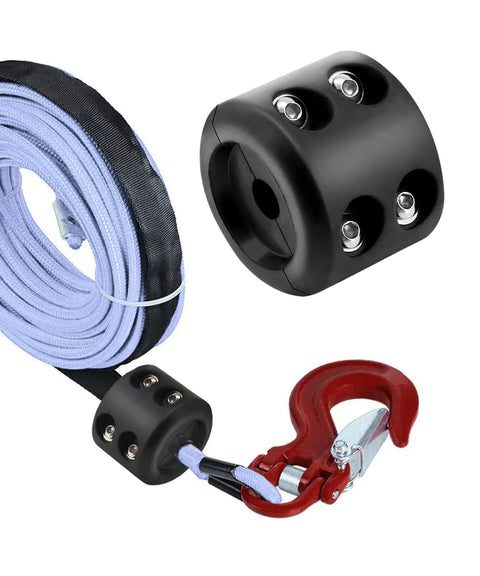 Beefy Rubber Winch Stopper For Synthetic Winch Rope Hook Saver with red hook, screws, and rope