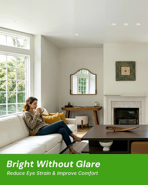 YOVELOS 6-Pack 10W Trimless Recessed LED 3 Inch Slim Spotlight illuminating a cozy living room with a woman relaxing on a couch.