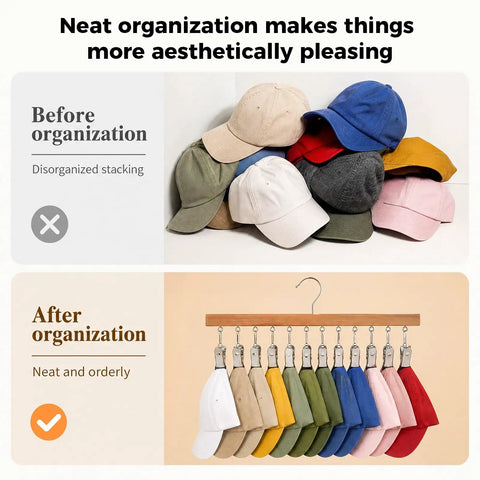 Straight Up Sturdy Wooden Closet Organizer Pack With Heavy Duty Metal Hanging Clips For Maxing Out Vertical Wardrobe Space And Ditching Daily Clutter, organized caps display.