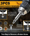 Close-up of a drill using a 13-piece kit for removing stripped, broken, or rusty screws. Instructional text and step guides visible.