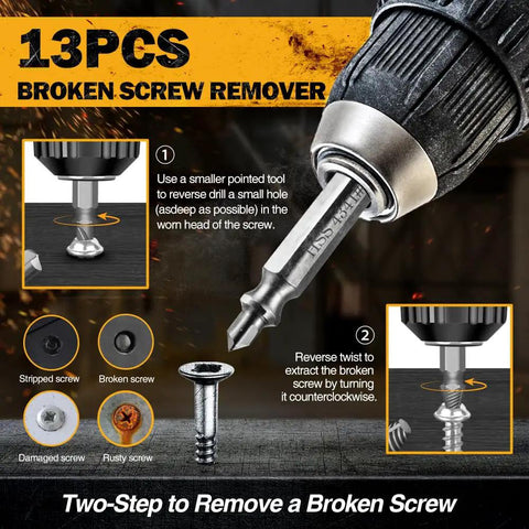 Close-up of a drill using a 13-piece kit for removing stripped, broken, or rusty screws. Instructional text and step guides visible.