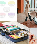 Woman with suitcase and five pack 10ml travel containers set for creams, lotions, and makeup, ultra compact jars for easy carry.