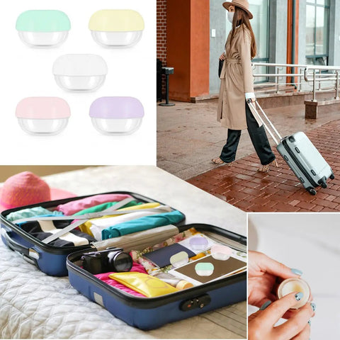 Woman with suitcase and five pack 10ml travel containers set for creams, lotions, and makeup, ultra compact jars for easy carry.