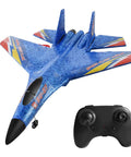 Blue plane from Three Color RC Foam Fighter Planes Kit With Remote Control And USB Charger, visible with matching remote control