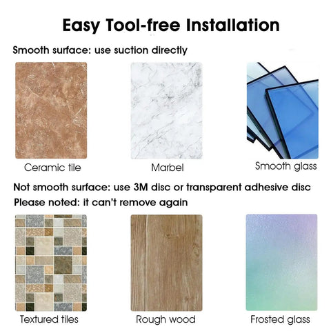 Installation surfaces for Handheld Shower Head Holder With Dual Angle Positions And Strong Wall Suction Bracket Includes Adhesive 3M Disc