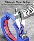 Heavy Duty Cable Tray Roller For Electrical Installations, 65mm Opening, Reinforced Stainless Steel Clamps, Durable Nylon And Steel Construction, Smooth Wire Laying And Pulling, Cable Guide Roller For Job Sites. Blue nylon roller measured with digital caliper