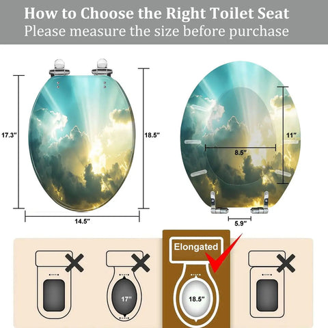 Toilet Seat Elongated Quick Release Bathroom with size guide showing 14.5" x 18.5" dimensions and compatibility details.