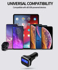 Game Changer Hella Fast Dual Port 30W Usb C Car Charger With Built In Led Voltage Meter And Real Time Battery Monitor, Pd And Qc 3.0 Adapter For Cigarette Lighter Port Compatible With Smartphones, displayed with smartphones and tablet.