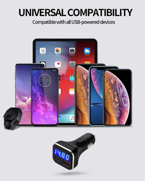 Game Changer Hella Fast Dual Port 30W Usb C Car Charger With Built In Led Voltage Meter And Real Time Battery Monitor, Pd And Qc 3.0 Adapter For Cigarette Lighter Port Compatible With Smartphones, displayed with smartphones and tablet.