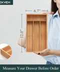Compact Bamboo Kitchen Drawer Organizer Grooved Slots Keep Silverware Utensils Flatware showing dimensions 12" x 6.7".