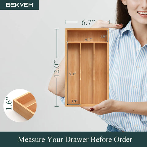 Compact Bamboo Kitchen Drawer Organizer Grooved Slots Keep Silverware Utensils Flatware showing dimensions 12" x 6.7".