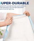 Showing Heavy Duty Disposable Bed Pads 30 X 36 Inch Extra Large Underpads, white with blue edges, demonstrating leak-proof design.